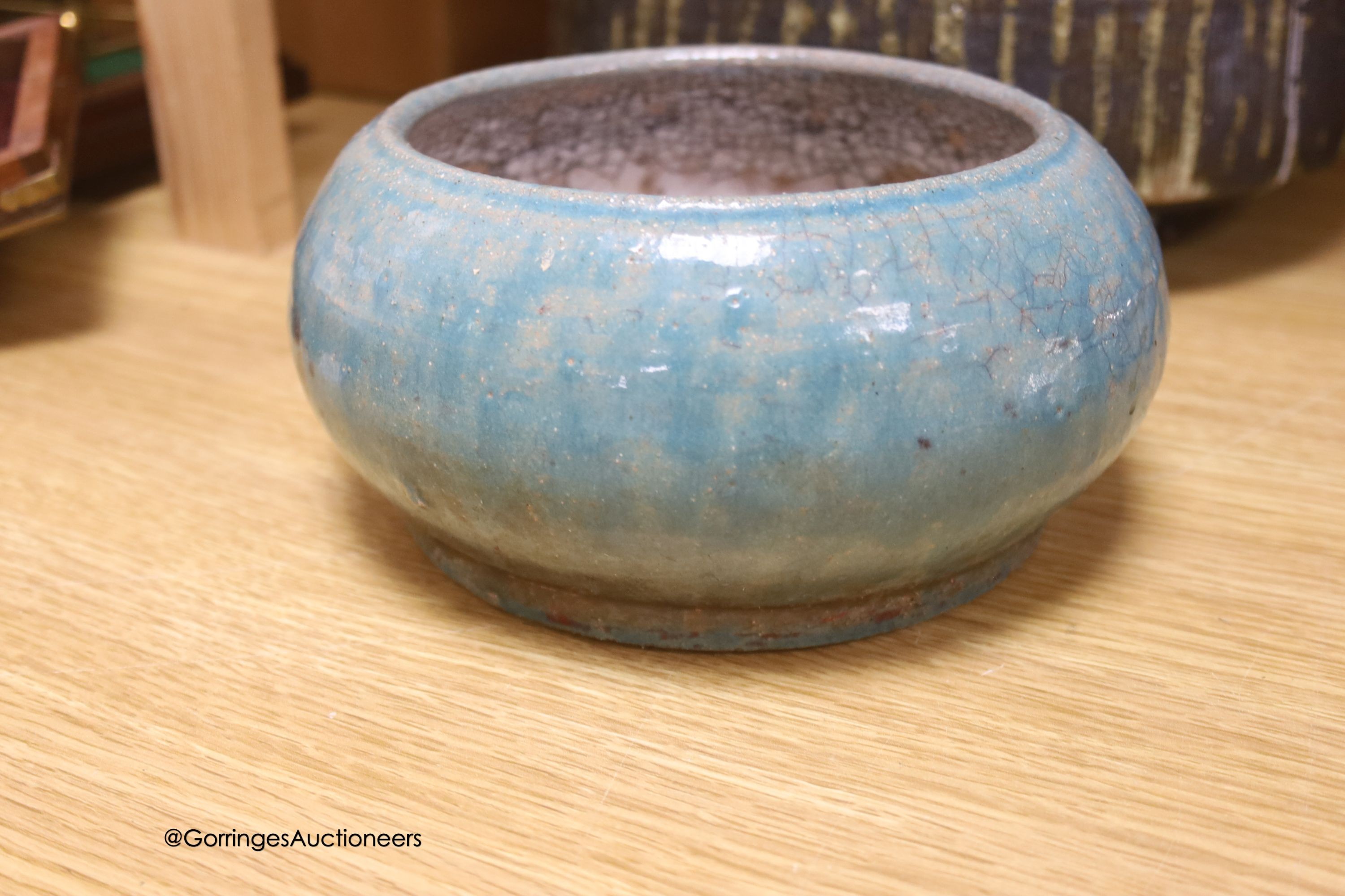 Two studio turquoise glazed pottery bowls and a larger stoneware bowl, diameter 29.5cm